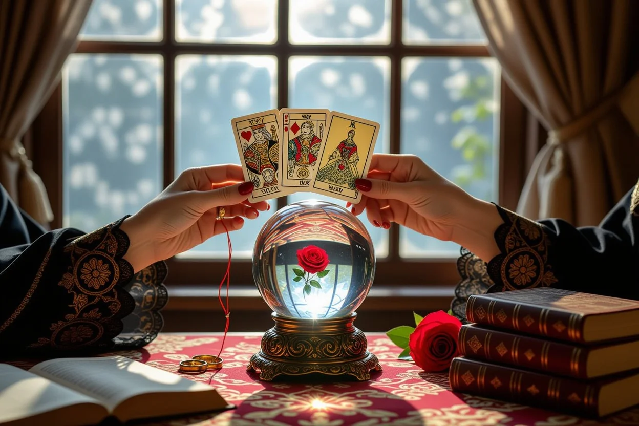 運命の恋を掴むタロット占いと恋愛の未来を予知する神秘的なシーン