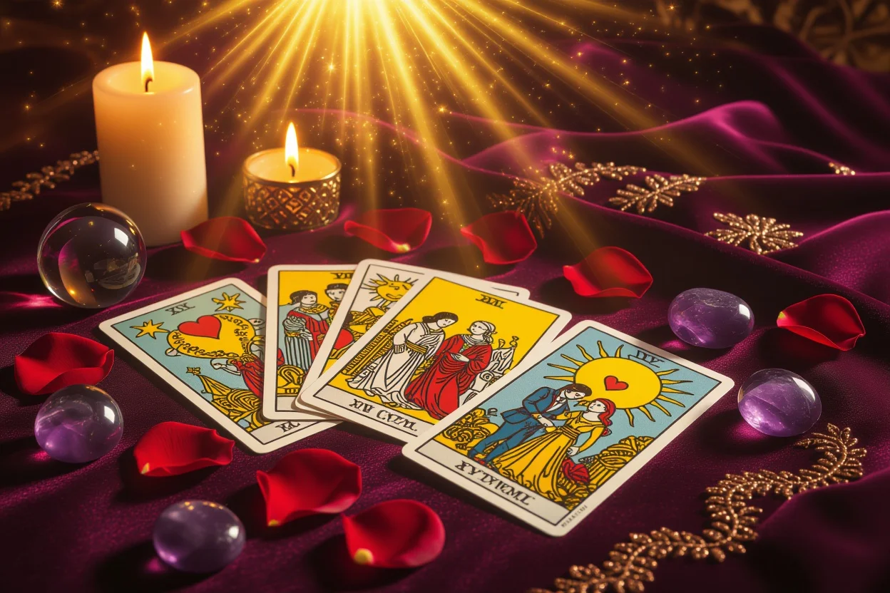 恋愛タロットカードの神秘的なリーディング風景、深層心理を読み解く占い