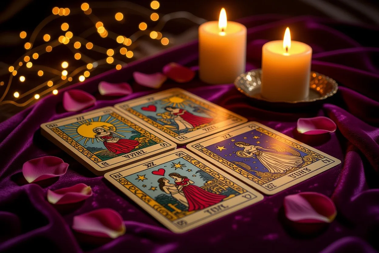 恋愛タロットカードの占い風景、運命の糸を表現した神秘的なリーディング