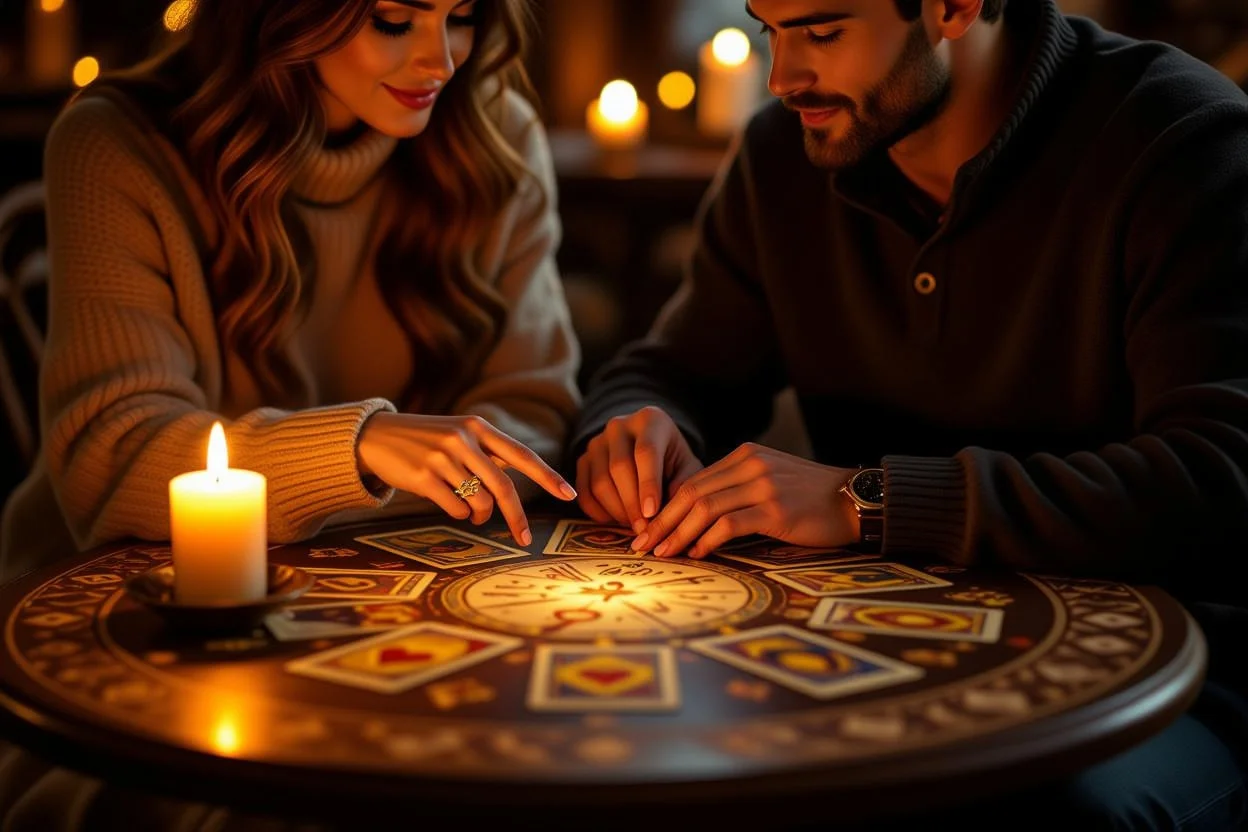 カップルが一緒に恋愛タロット占いを楽しむ様子、関係性向上のためのタロット相談