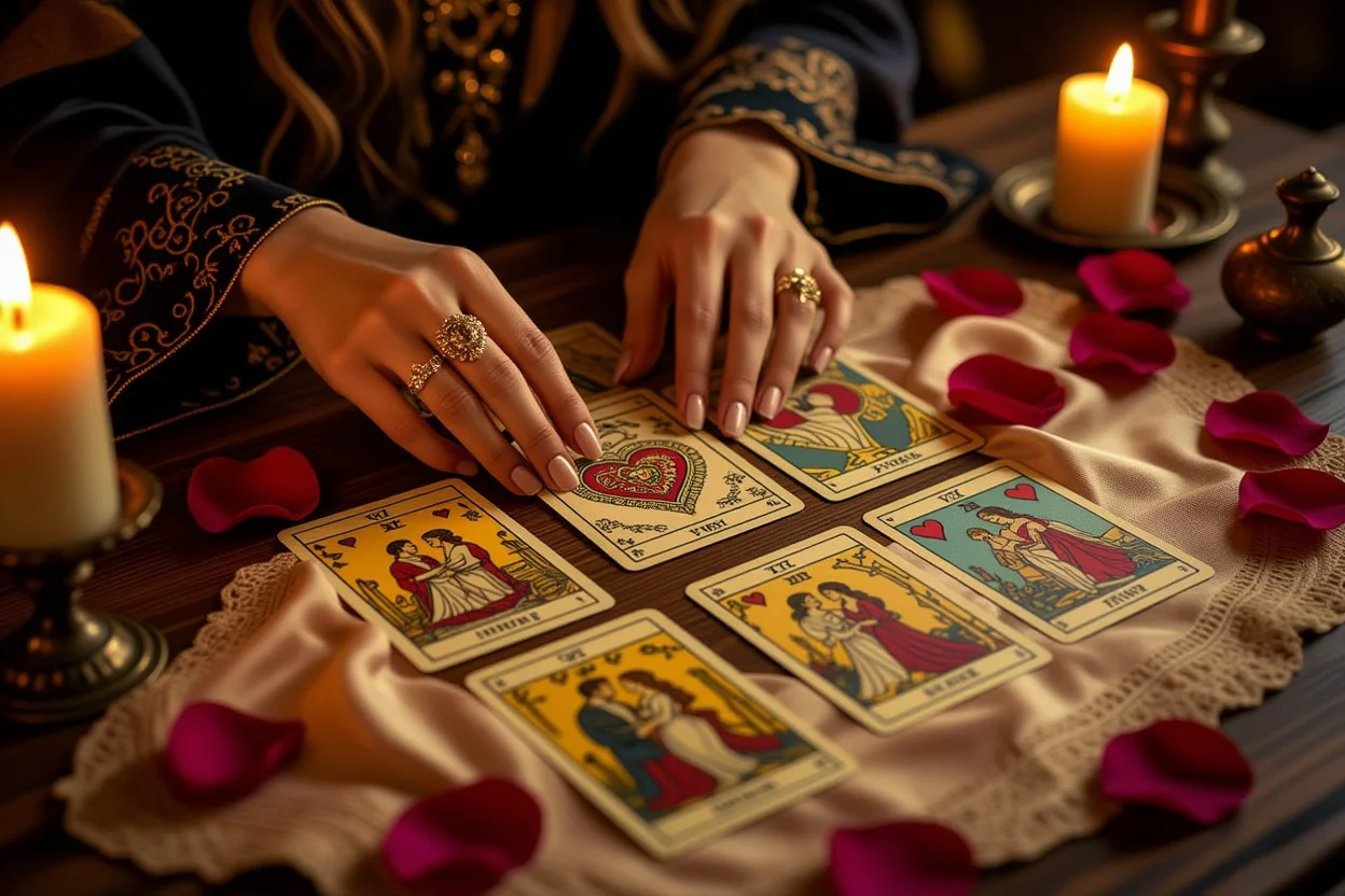 恋愛タロット占いの神秘的なカード展開シーン