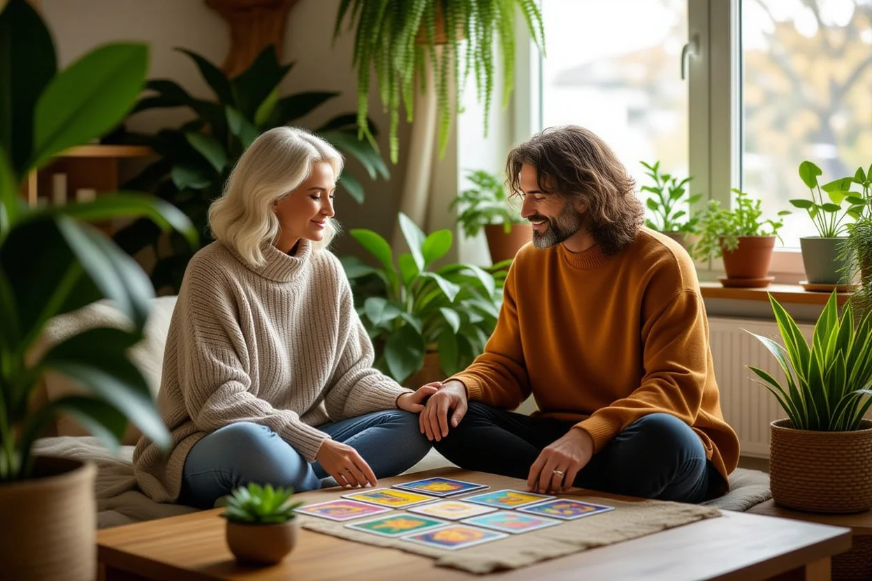 成熟した恋愛関係とタロットによる内面的成長のイメージ