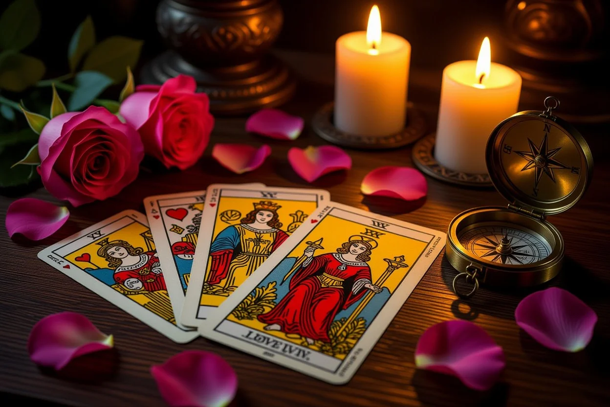 恋愛タロット占いのカードと羅針盤が置かれた神秘的なテーブル