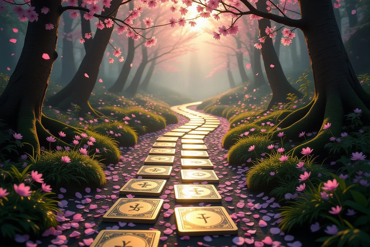 恋愛の旅路を導くタロットカードで作られた光る道