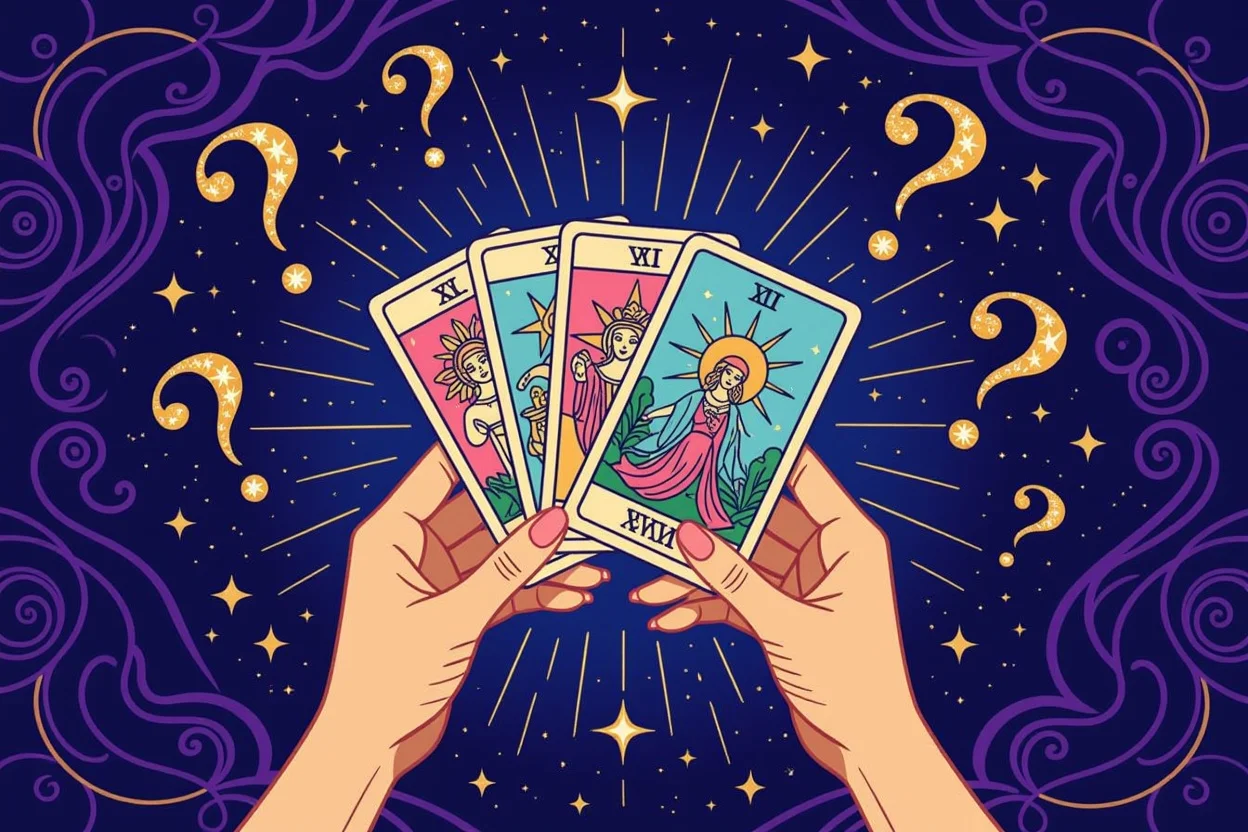恋愛についての問いを投げかけるタロットカードを持つ女性の手