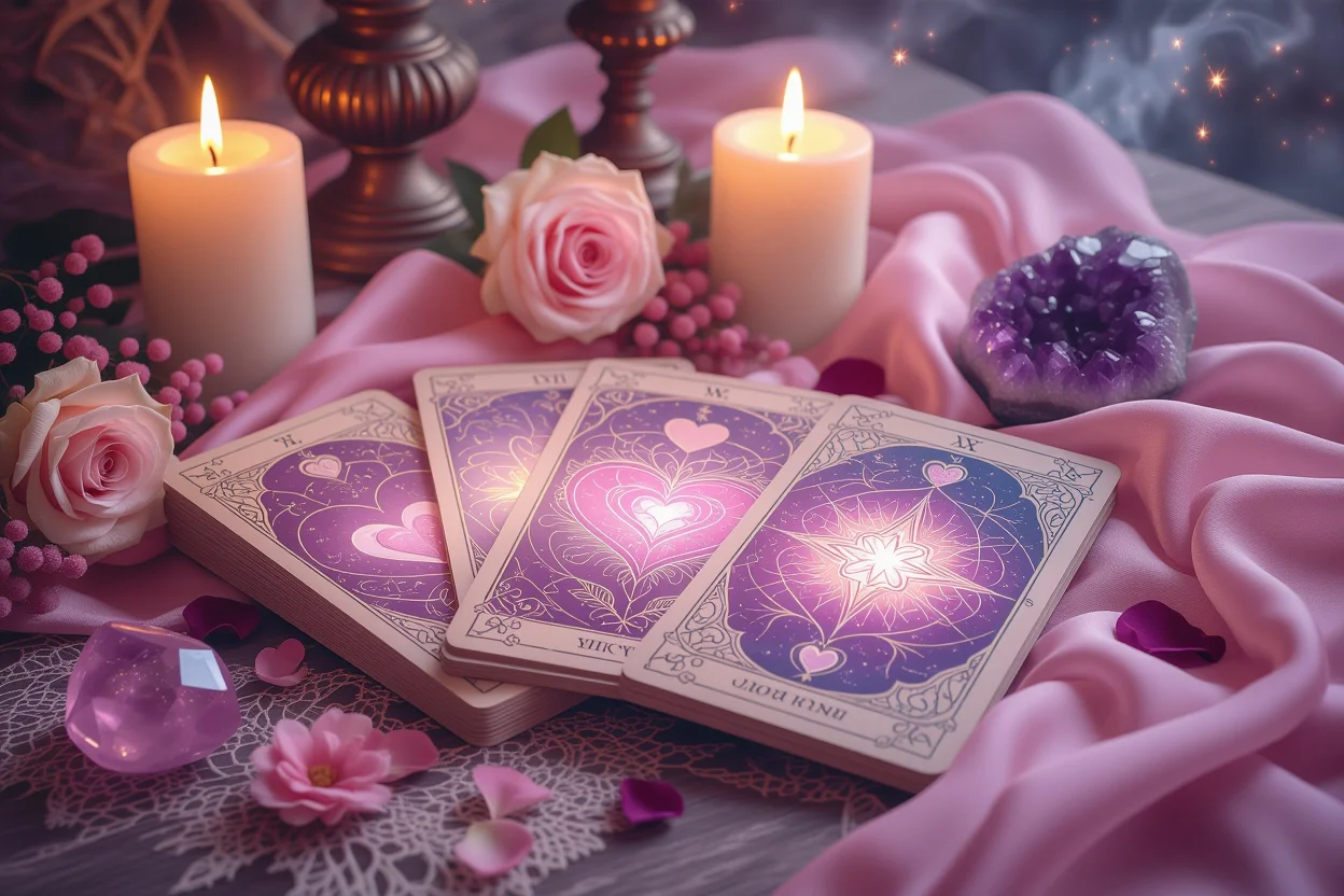 恋愛タロットカードの神秘的なスプレッド、キャンドルライトに照らされた占いの様子