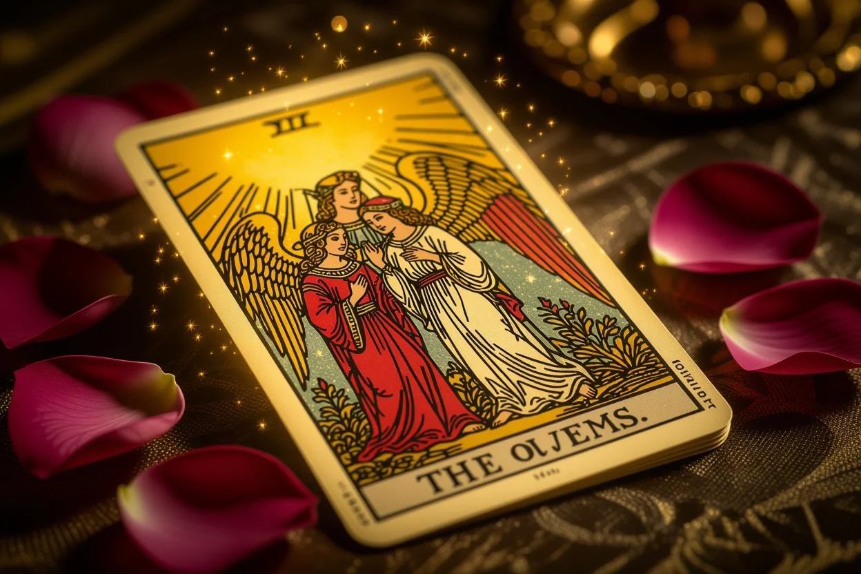 恋人たちのタロットカード、運命の相手を示す神聖な光に包まれたカード