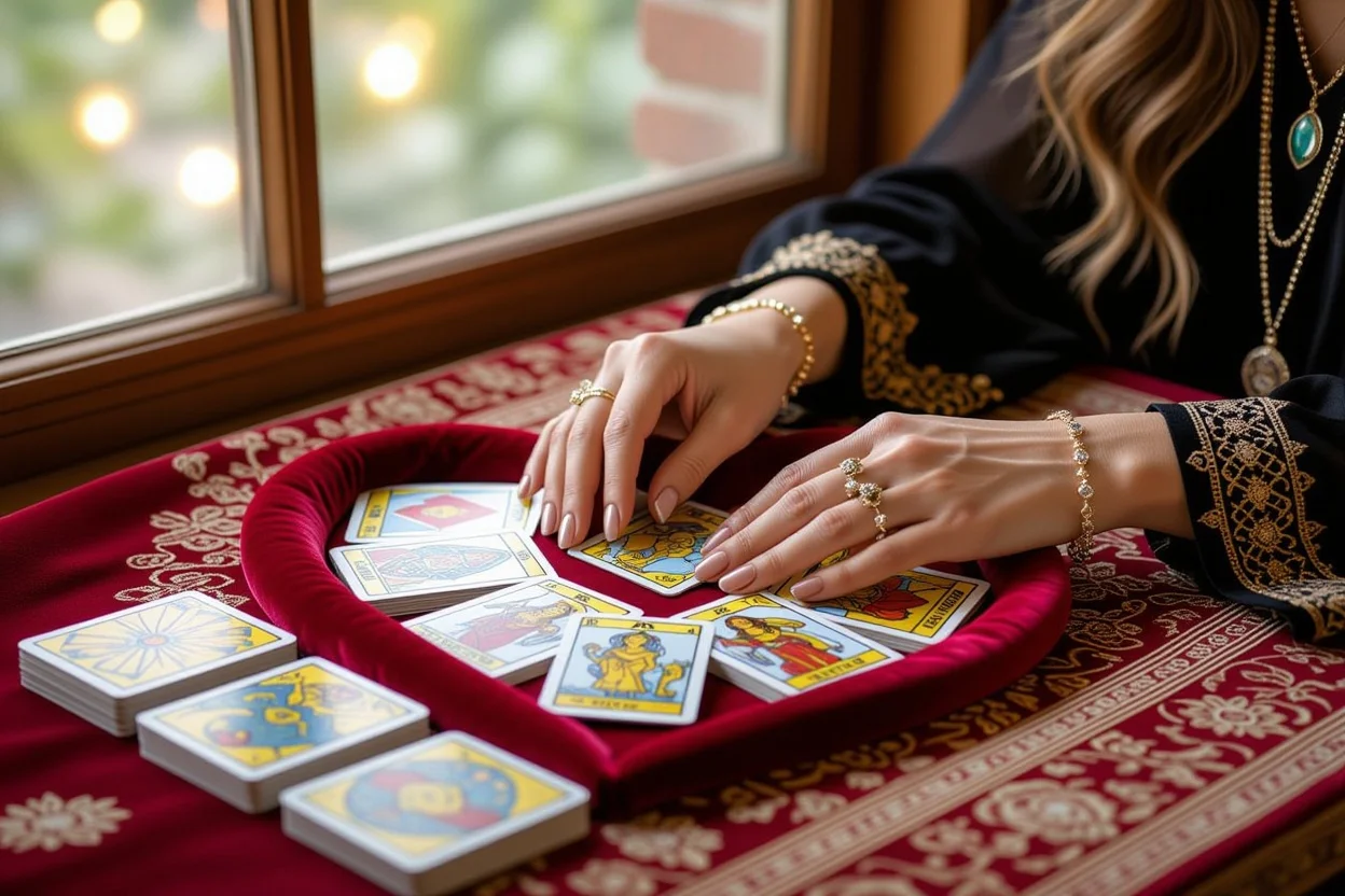 恋愛タロット占い師の手によるハート型カードスプレッド、片思いや復縁の占い風景