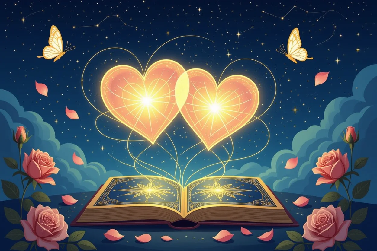 運命の糸で結ばれた二つの心、恋愛運と魂の繋がりを表現した幻想的なイメージ