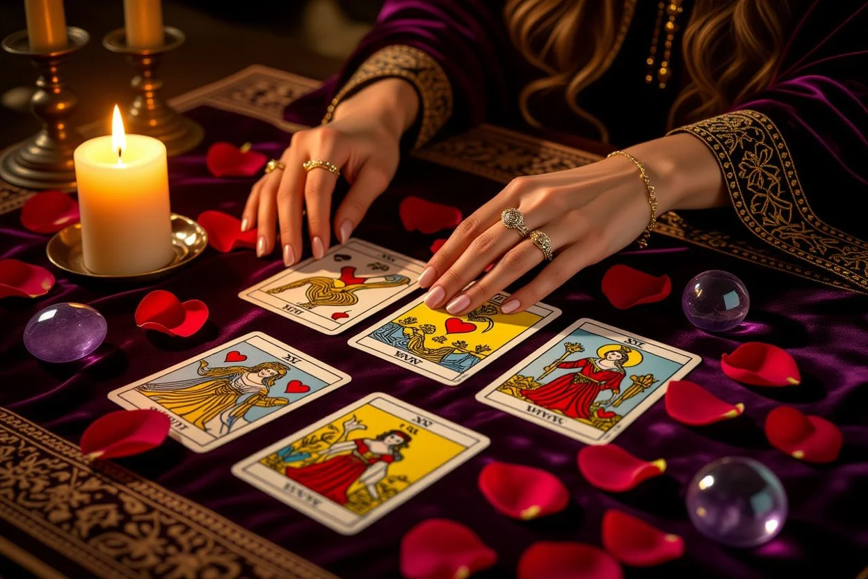 恋愛タロット占いで彼の本音を読み解く神秘的なカードリーディングシーン