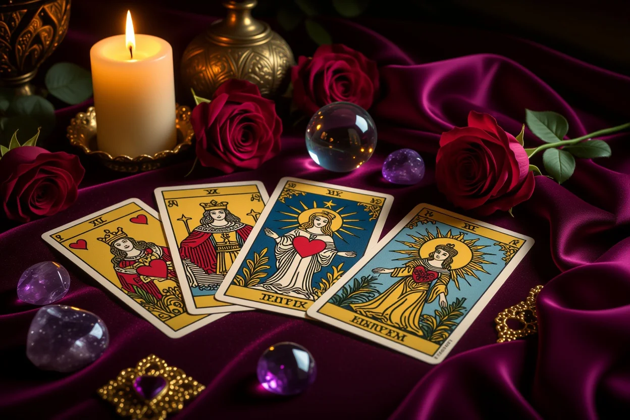 恋愛タロットカード占い・神秘的なキャンドルライトの中でのタロット占い風景