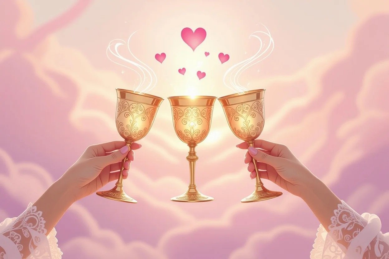 カップの3タロットカード・3つの聖杯と祝福のエネルギーを表現した神秘的なイラスト