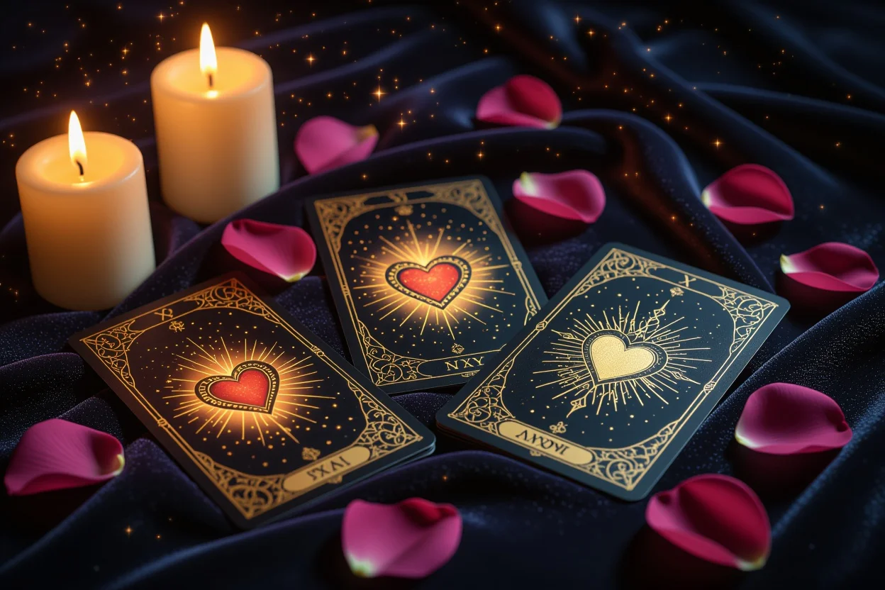 恋愛タロットカード占いのイメージ、ろうそくの光とバラの花びら