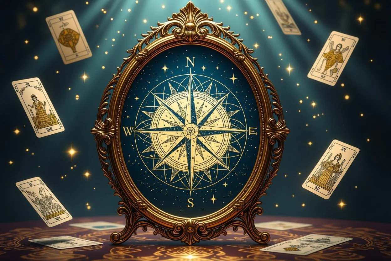 タロットカードが鏡と羅針盤になる神秘的なイメージ、内なる導き