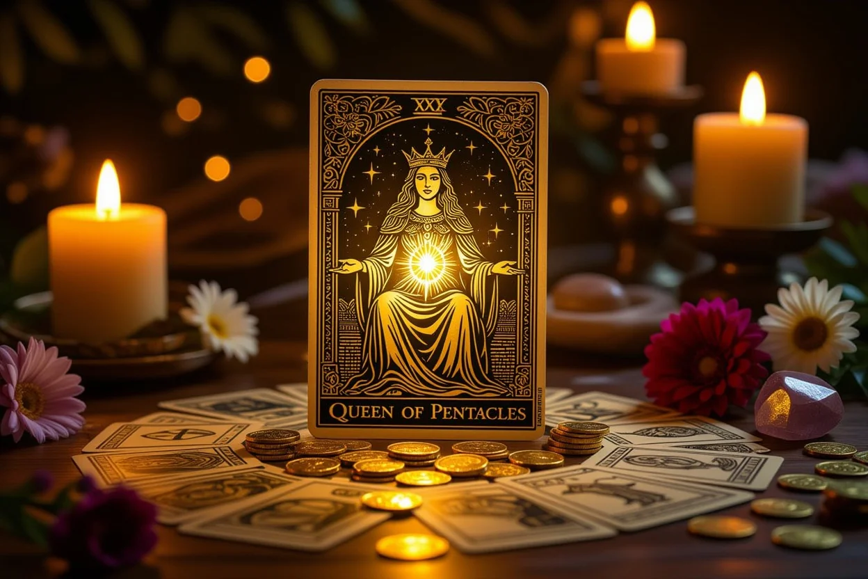 ペンタクルのクイーンカードを中心とした恋愛タロット占いのシーン