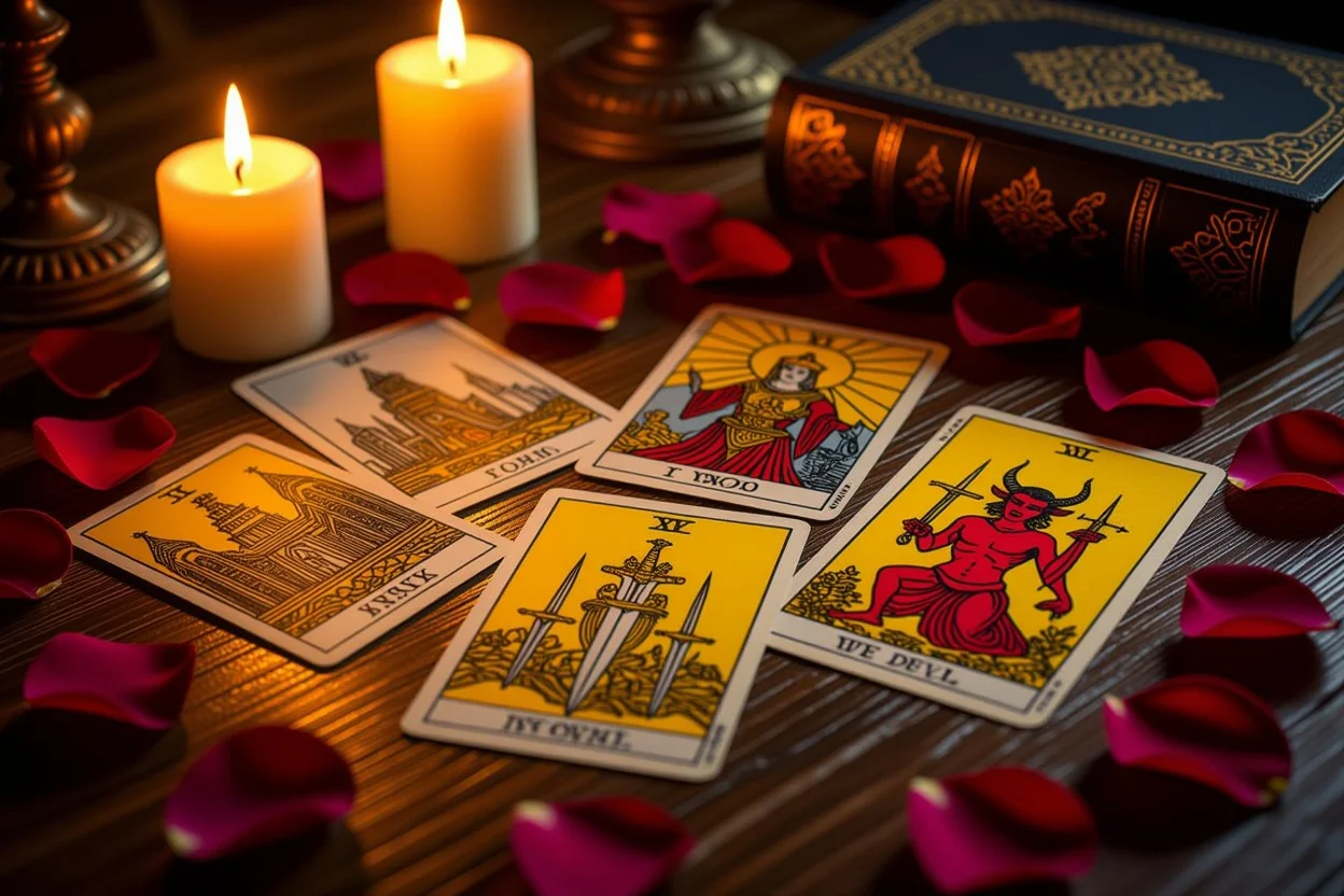 恋愛タロット占いカードの神秘的なスプレッド、困難なカードと薔薇の花びら