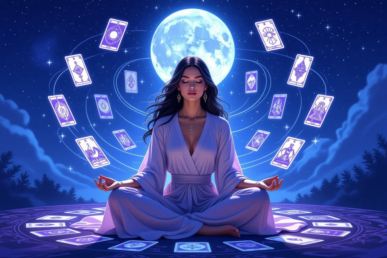 タロットカードに囲まれて瞑想する女性、自己発見の神秘的な旅路