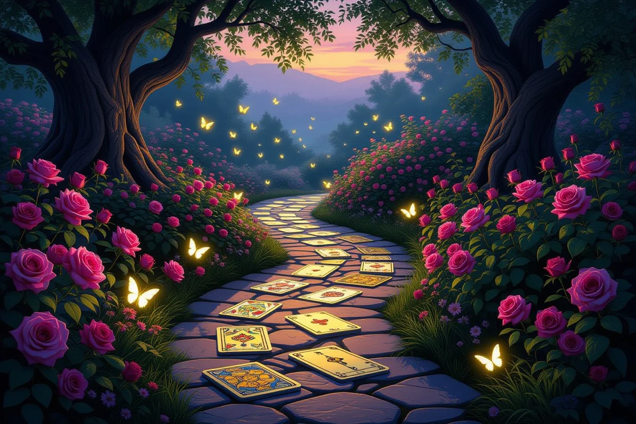 タロットカードで作られた神秘的な小道、愛と成長への変容の旅路
