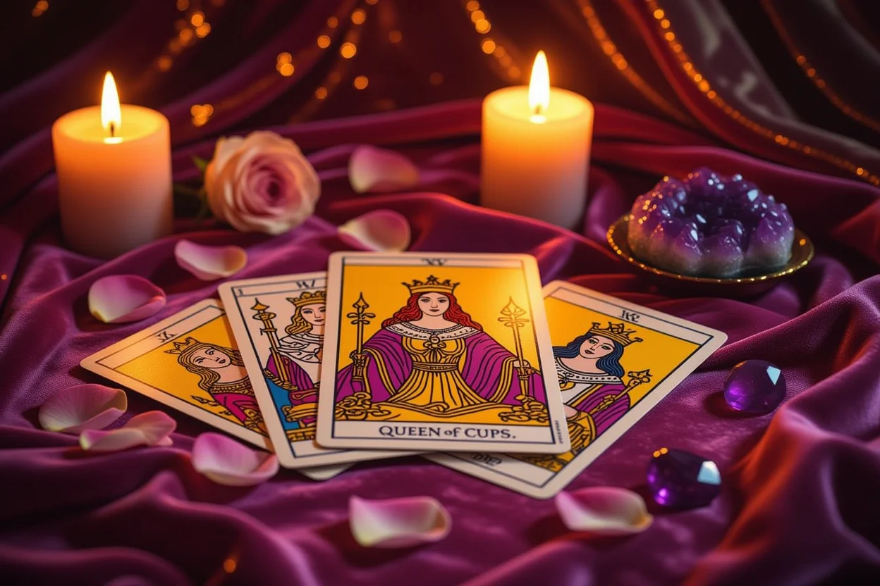 恋愛タロットカードとクイーンオブカップス、キャンドルライトに照らされた神秘的な占いの様子