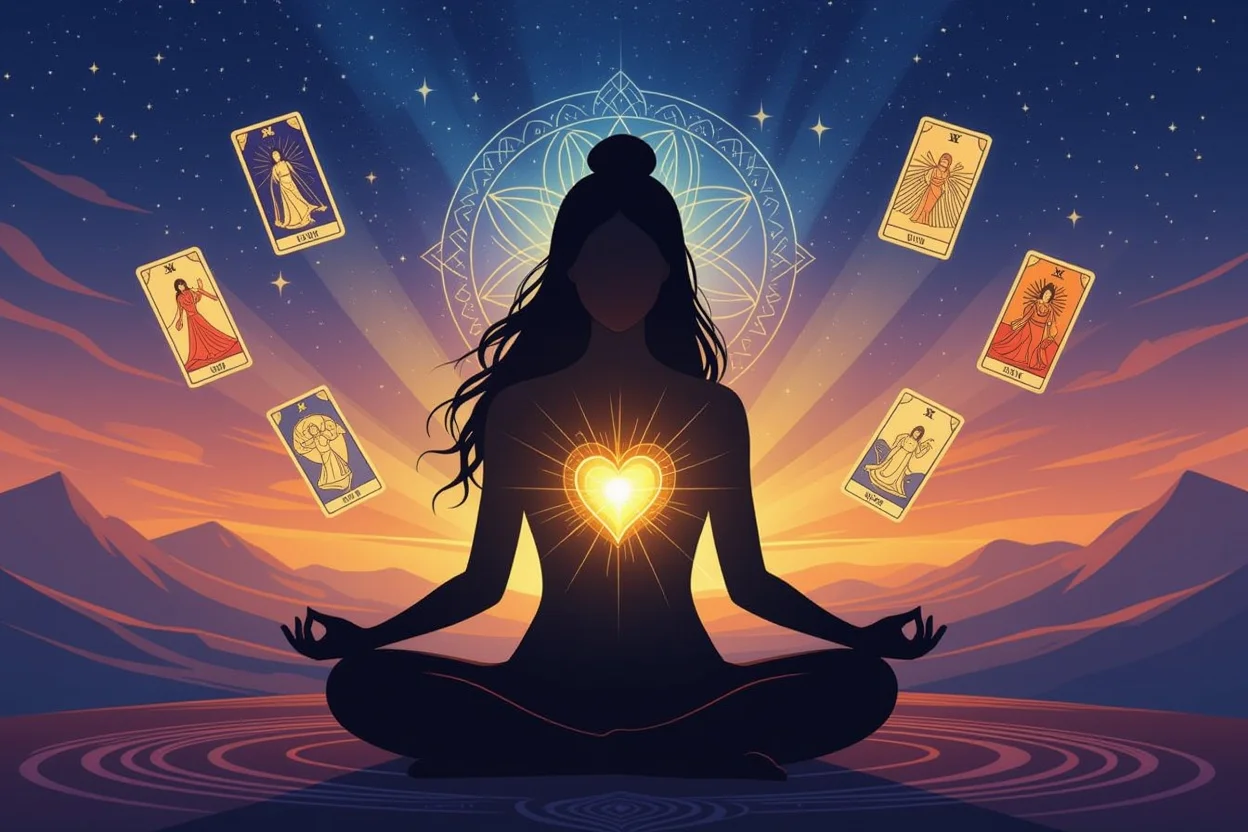 自己愛と内なる知恵を表現したタロット瞑想、ハートチャクラが光る女性のシルエット