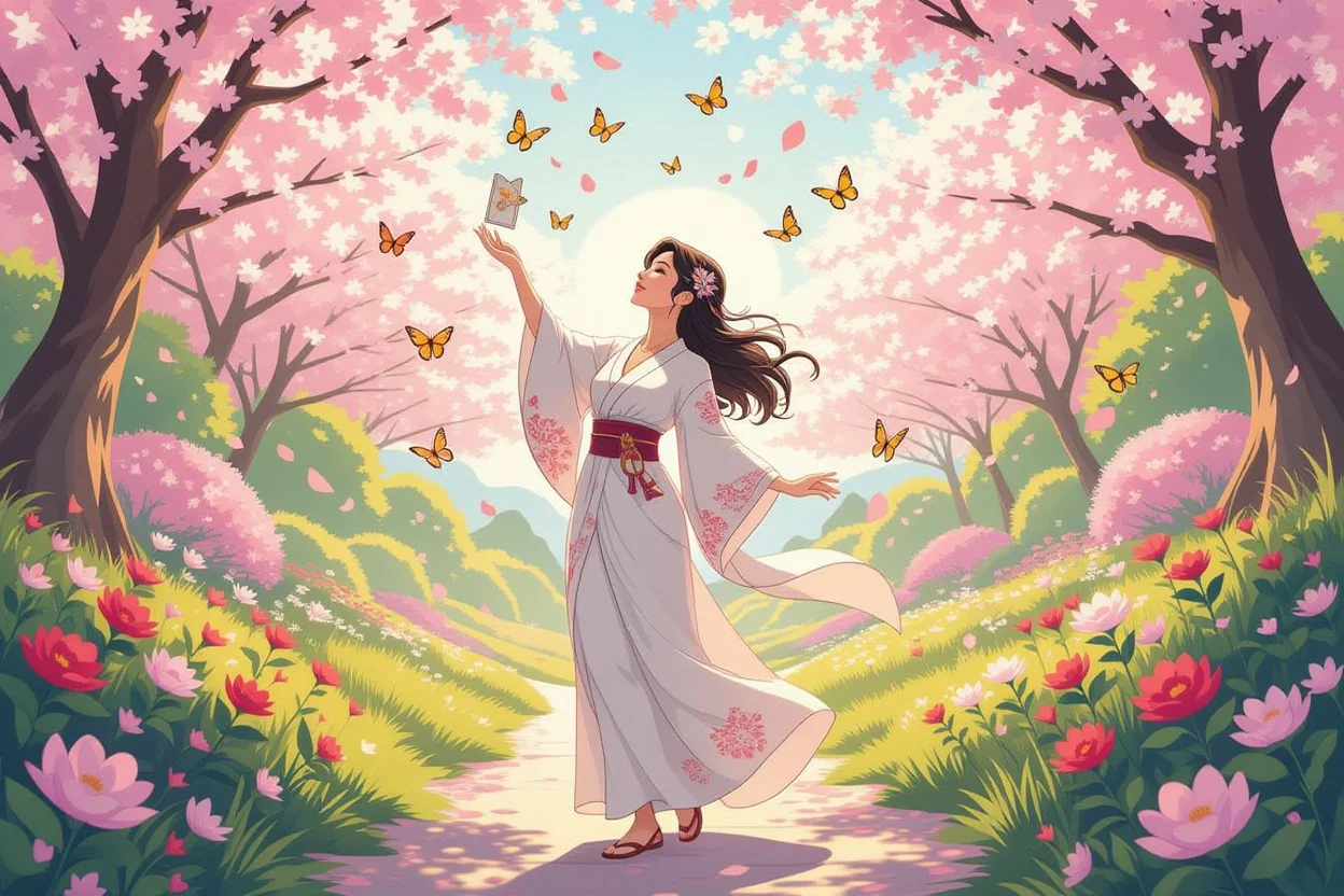 自己成長と自己愛を表現する女性、タロットカードが蝶に変化する希望に満ちたイラスト