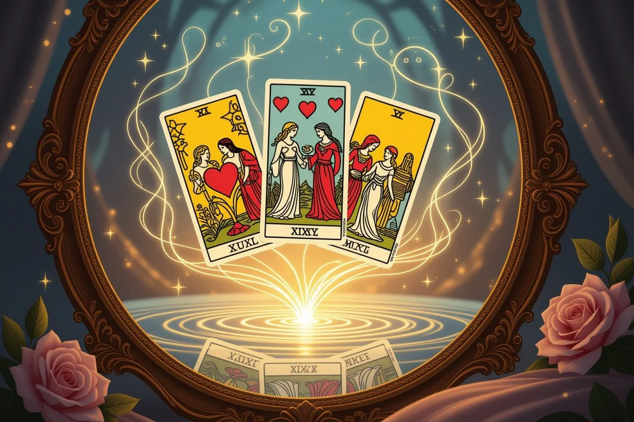 タロットカードと鏡による恋愛深層心理の神秘的なイメージ