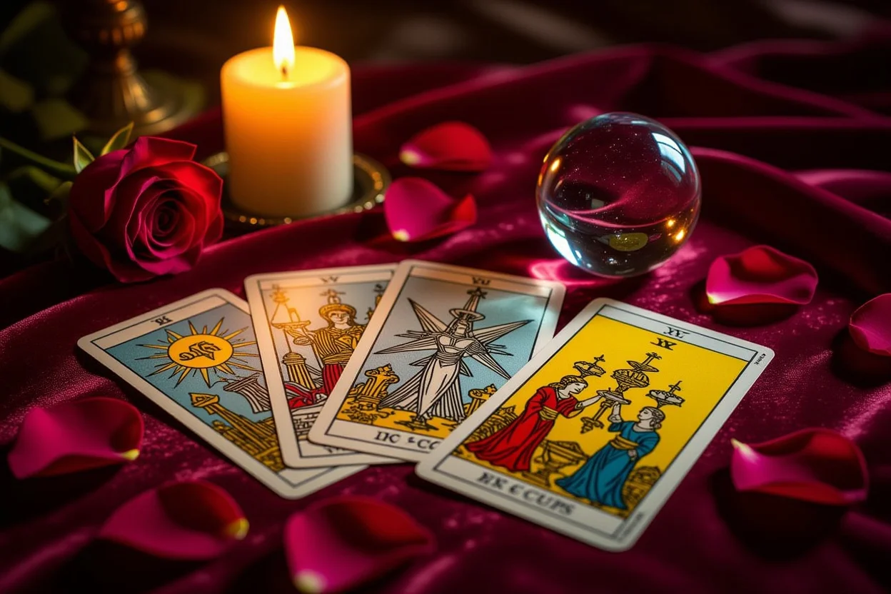 ソードの10とカップの3を含む恋愛タロットカードの神秘的なスプレッド