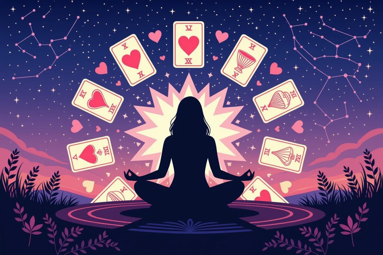 瞑想する人物とタロットカードによる恋愛における自己発見のイメージ