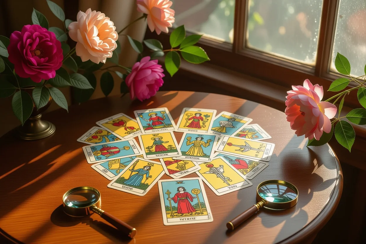 ハート型に配置されたマイナーアルカナカードによる日常恋愛指導のイメージ