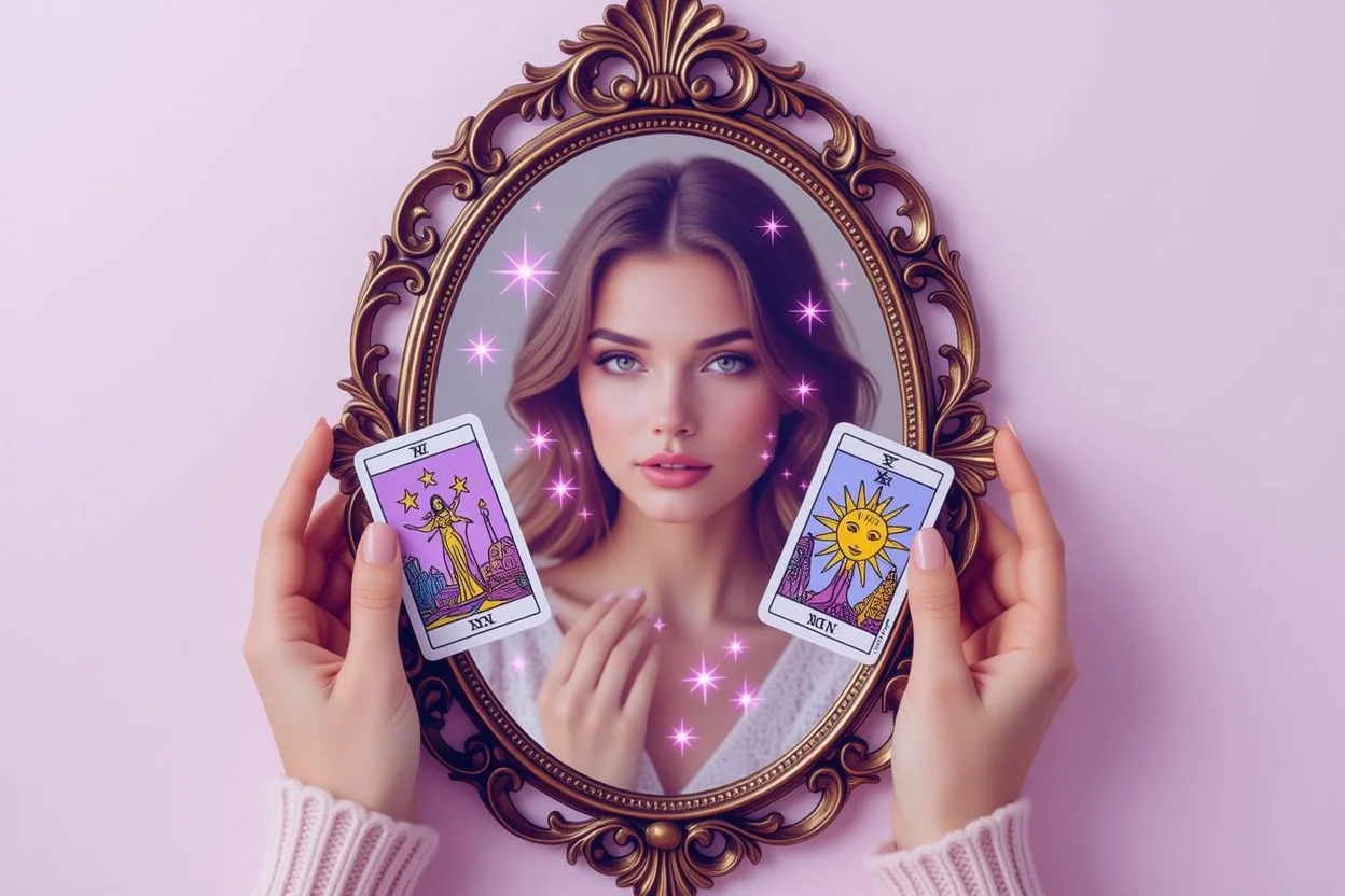 タロットカードを持ちながら鏡を見る女性、自己愛と内省のイメージ