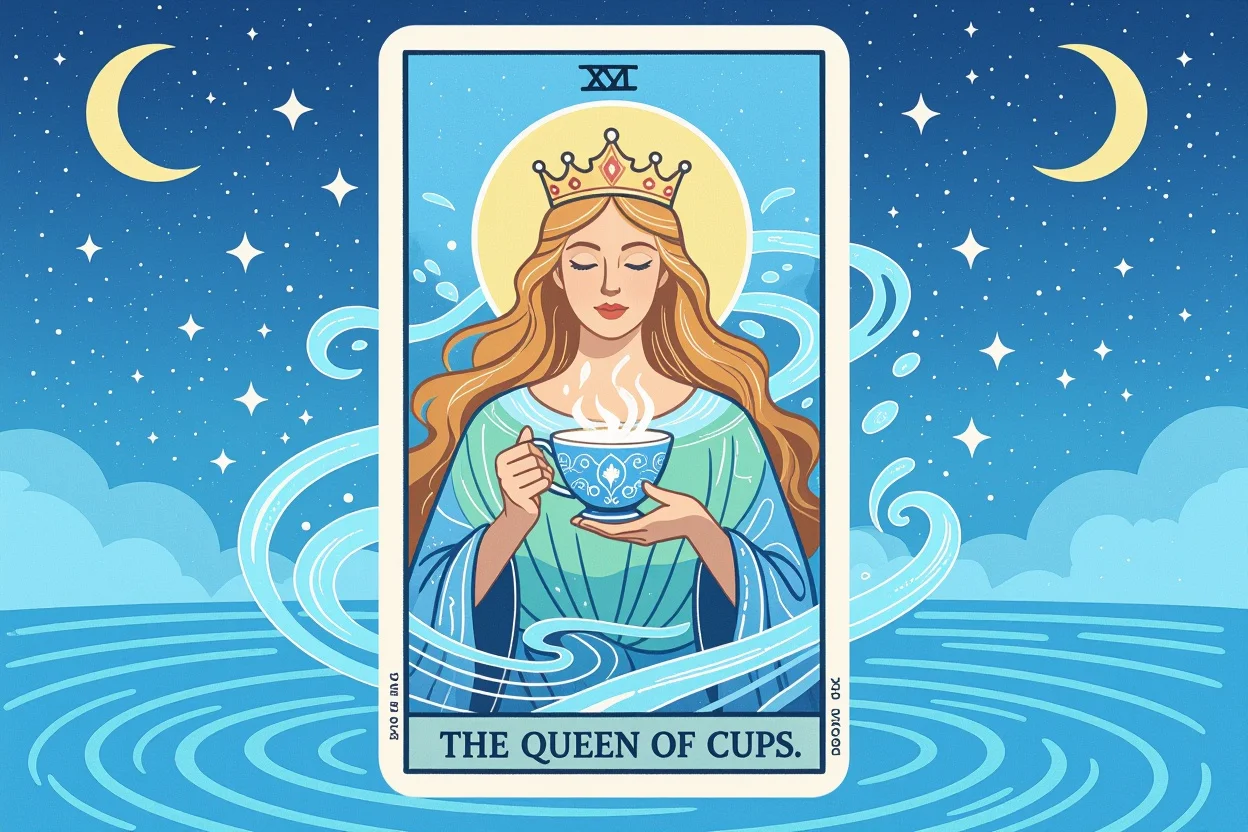 カップのクイーンタロットカード、愛と感情の象徴として輝く