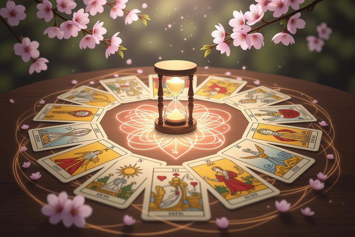 現在の瞬間を大切にする恋愛タロット、桜と時計のある神秘的な構図