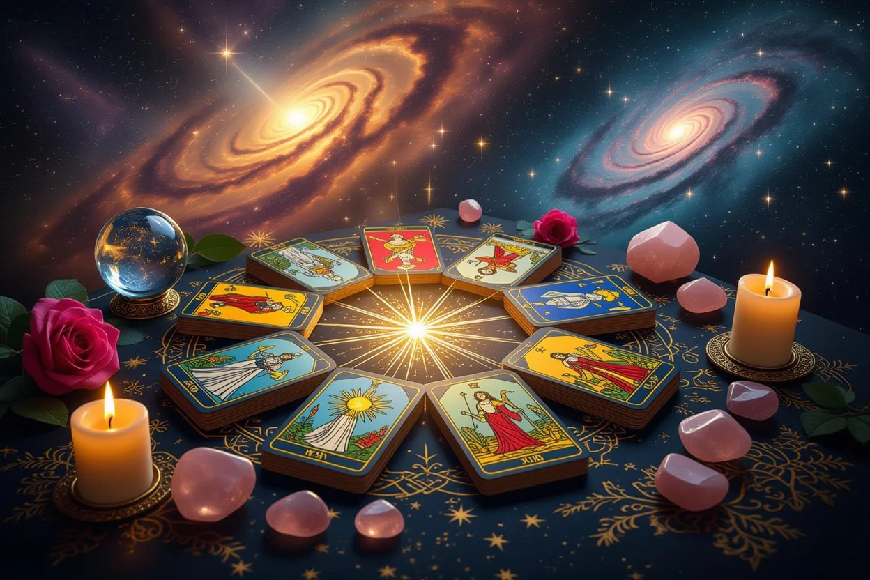宇宙とつながる恋愛タロット占い、メジャーアルカナのカードと星空の神秘的な光景