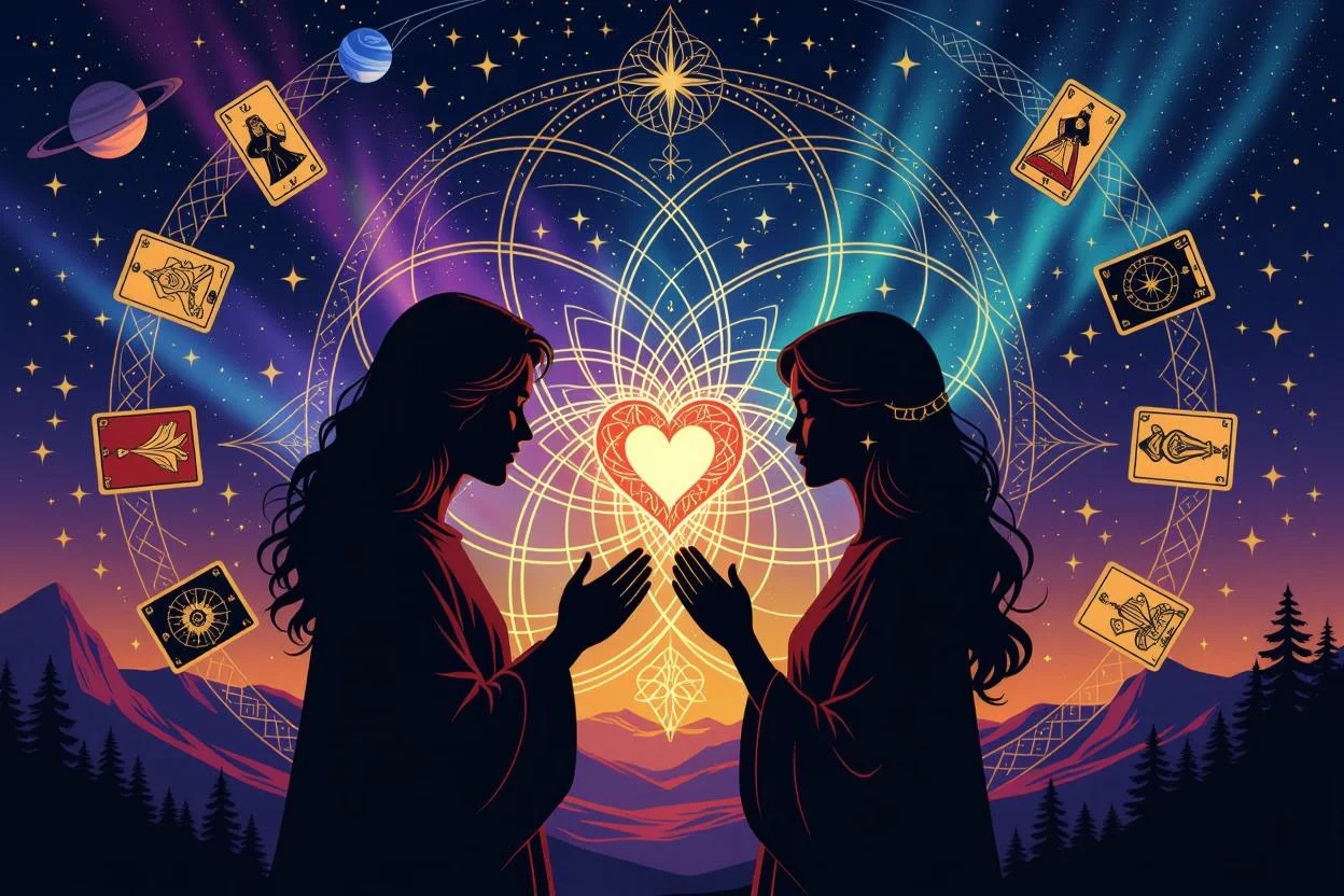 宇宙の愛の法則、魂の繋がりと理想のパートナーシップを示すスピリチュアルなイメージ