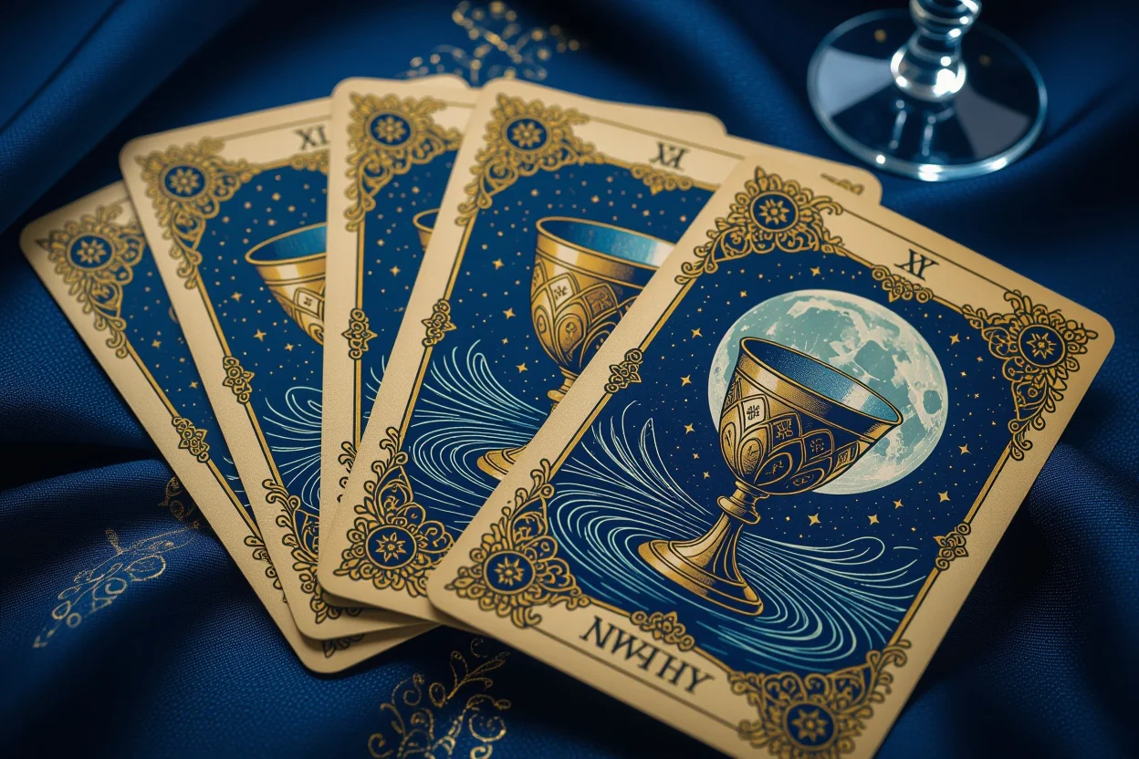 カップのスートのタロットカードと感情を表現した幻想的なイメージ