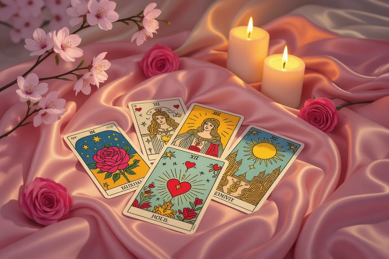 恋愛タロットカードと薔薇の花びらが美しく配置された神秘的な占いシーン