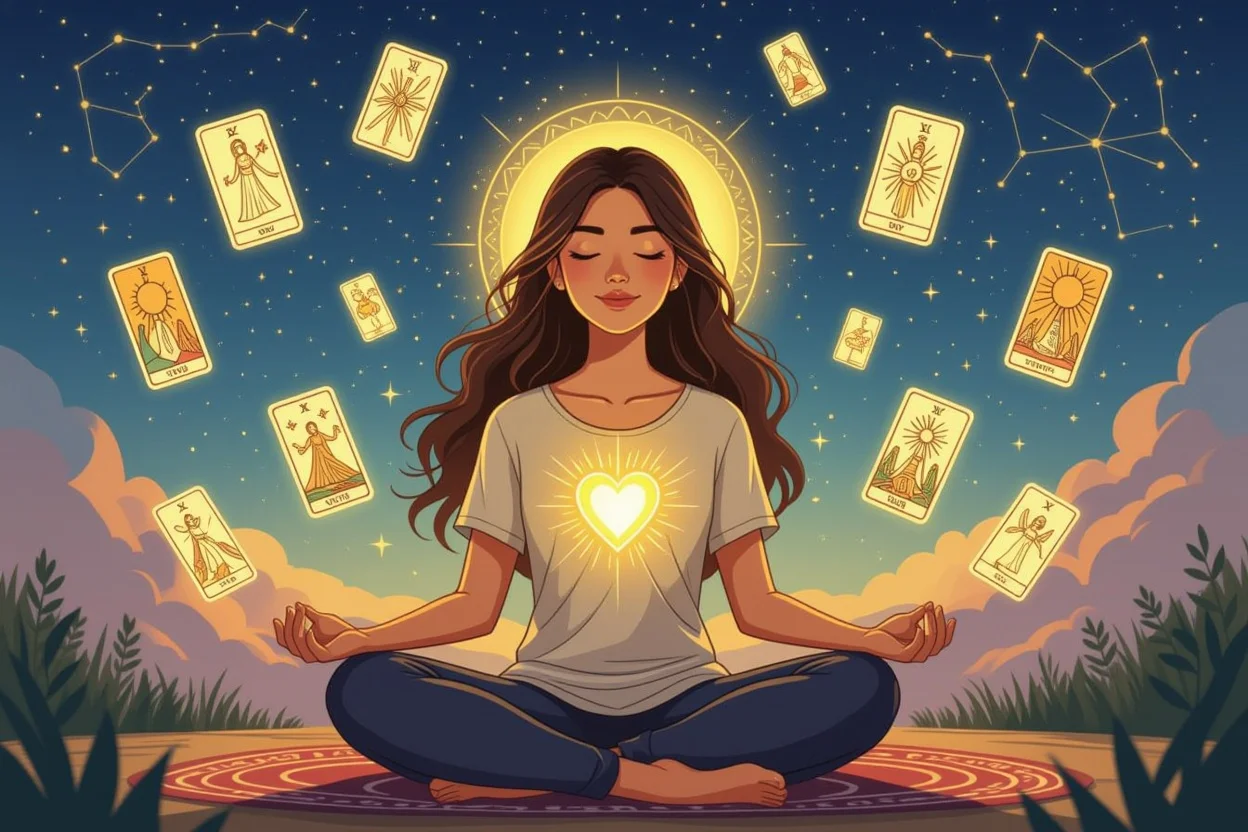 タロットカードに囲まれて瞑想する女性と内面の輝きを表現したスピリチュアルアート