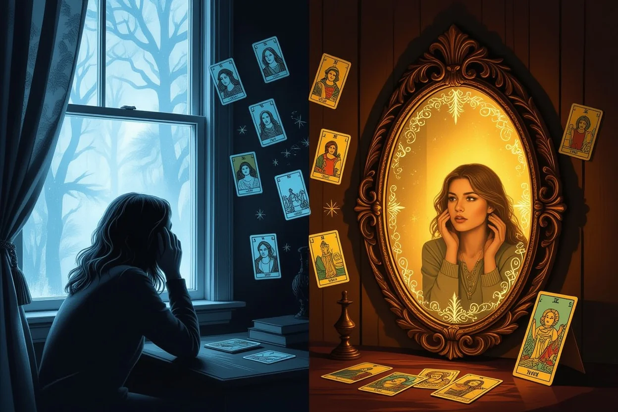 他者への意識と自己理解の対比を表現したタロット占いのコンセプトアート