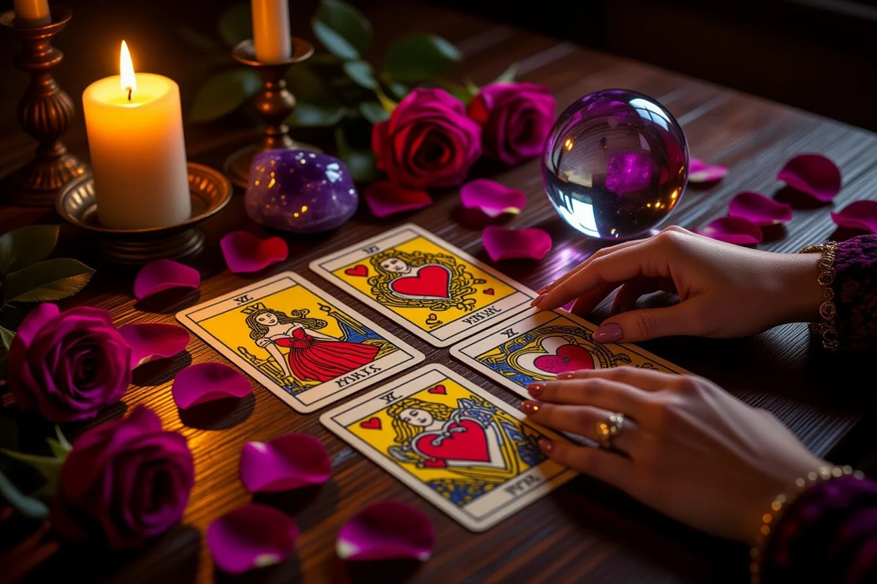 恋愛タロット占いの神秘的な雰囲気のカードリーディング風景