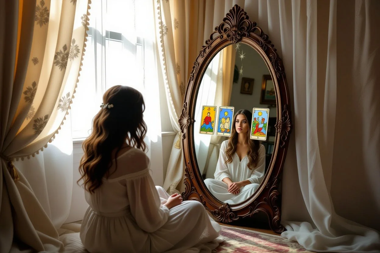 タロットを通じて本当の自分と向き合う内省的なイメージ