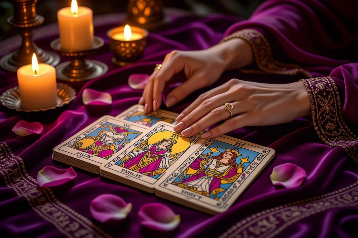 恋愛タロット占いのカードリーディング風景、ろうそくの光とバラの花びらに囲まれた神秘的な雰囲気