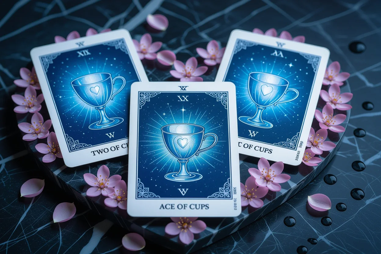 カップスートのタロットカード、感情と愛情の温度を表現する神秘的なアレンジメント