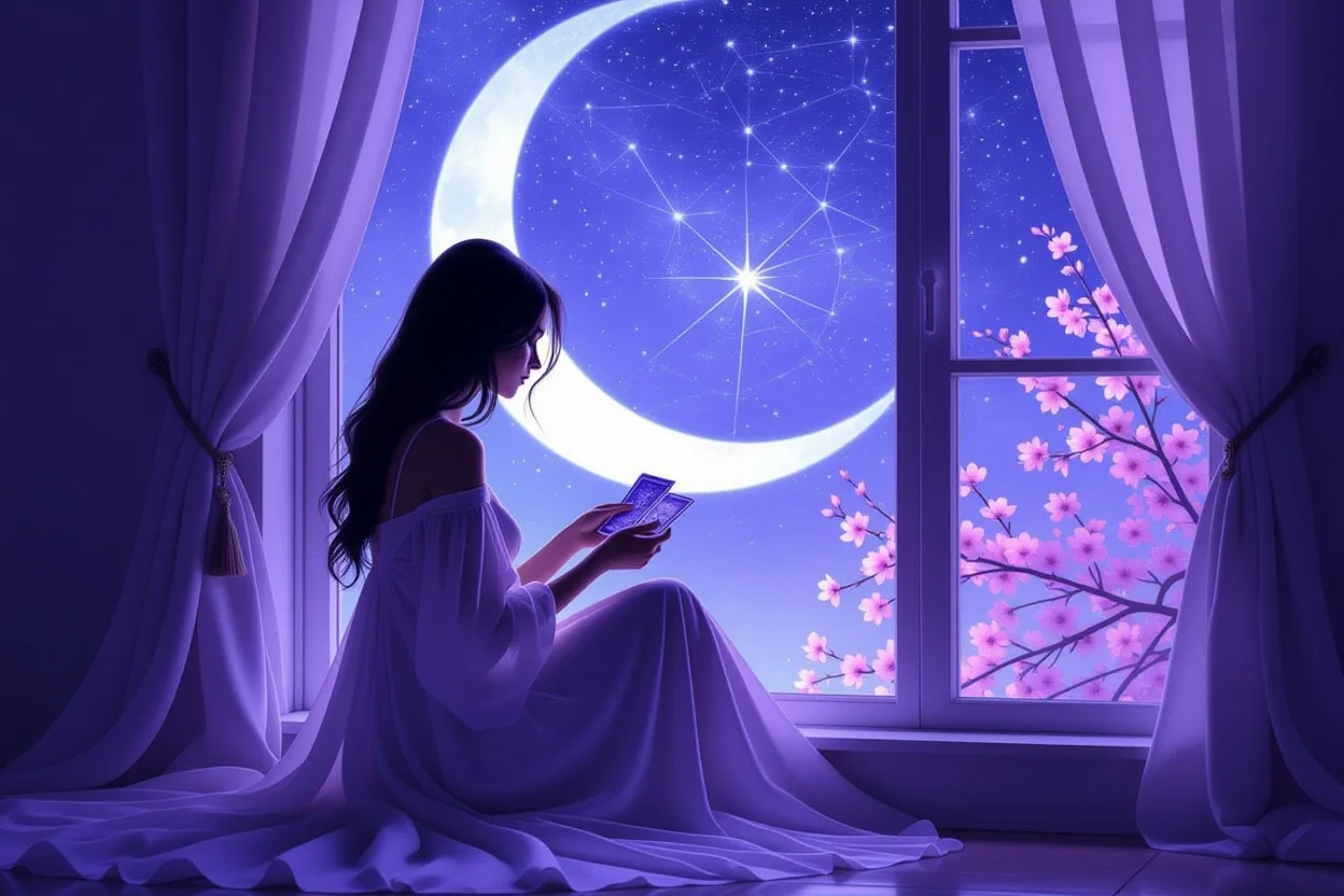 月光の下でタロットカードを読む女性のシルエット、心の探求者としての瞑想的な雰囲気