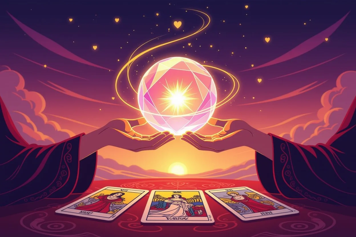 恋愛の未来を占うタロットカードと光る水晶玉、神聖なガイダンスを表現する幻想的なイメージ
