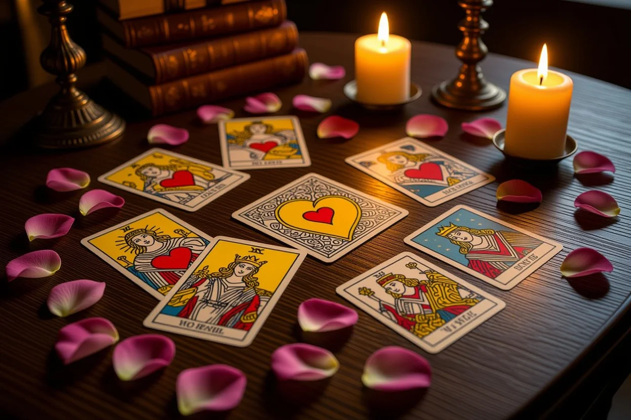 恋愛タロットカードの神秘的なスプレッド、キャンドルライトで照らされた深層心理読解