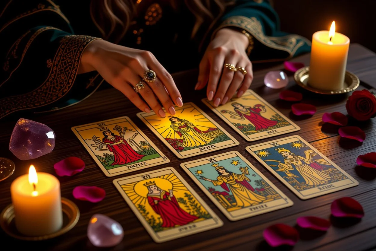 恋愛タロット占いの神秘的なシーン、キャンドルライトに照らされたタロットカード