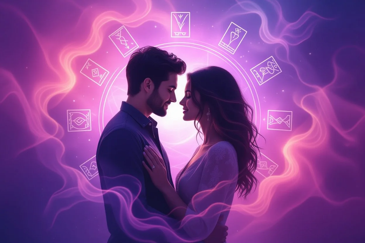 恋愛の深層心理を表現する幻想的なイメージ、カップルのシルエットと宇宙的エネルギー