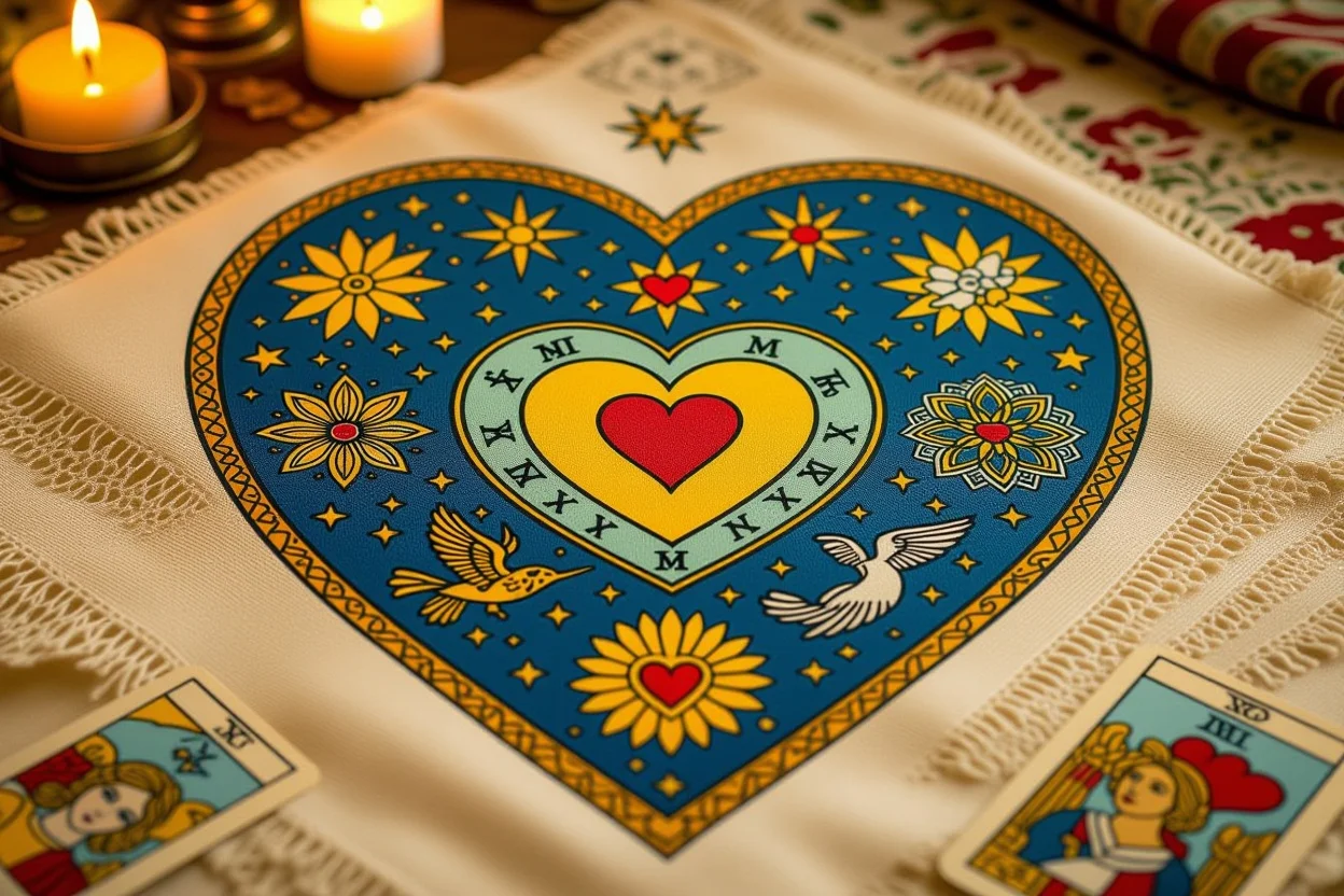 恋愛専用タロットスプレッド、ハート型に配置されたカードと恋愛占いのレイアウト