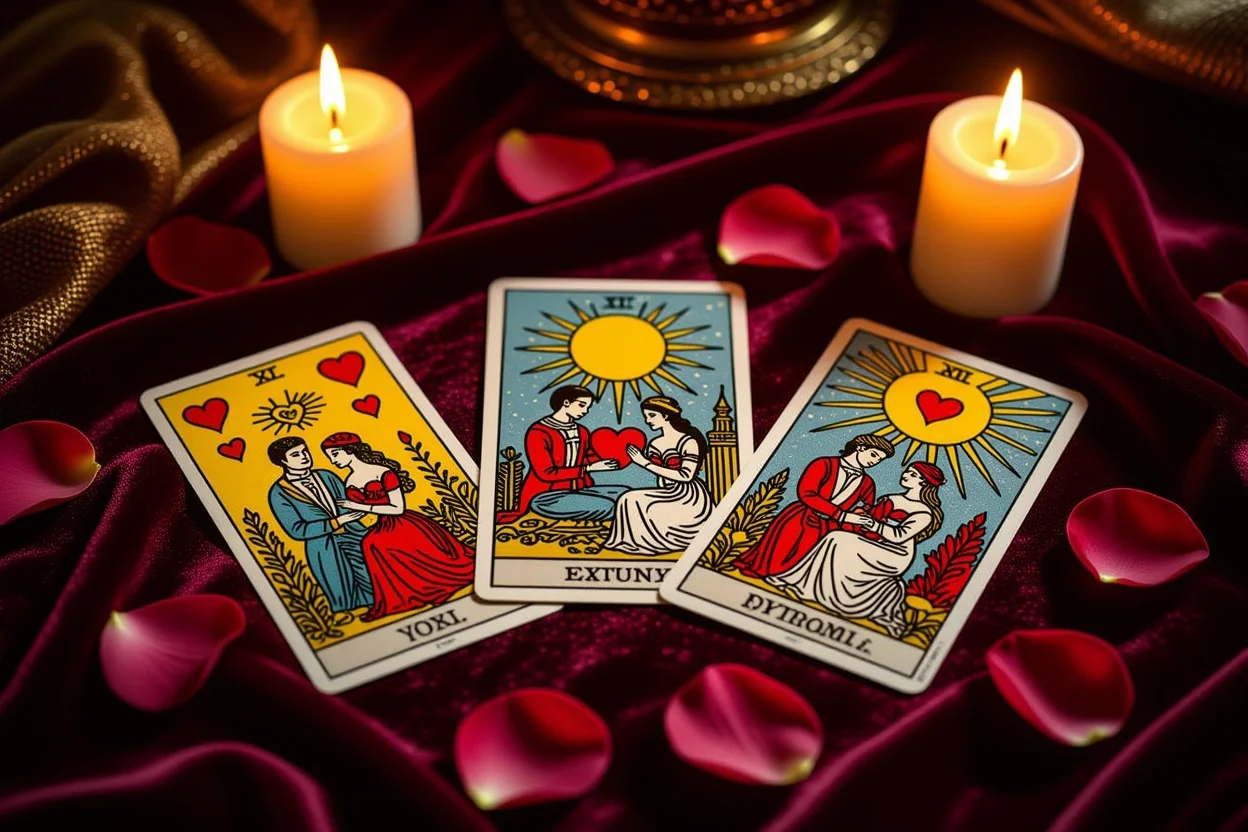 恋愛タロットカードの神秘的なリーディング風景、キャンドルとバラの花びらに囲まれた3枚のカード