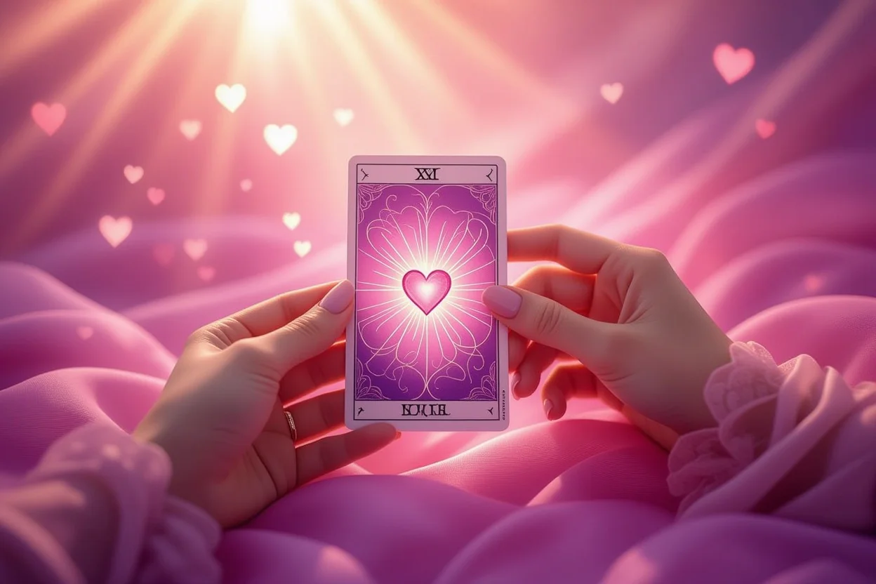 愛情運を占うタロットカードを持つ手、ロマンチックな光に包まれた恋愛占いのイメージ